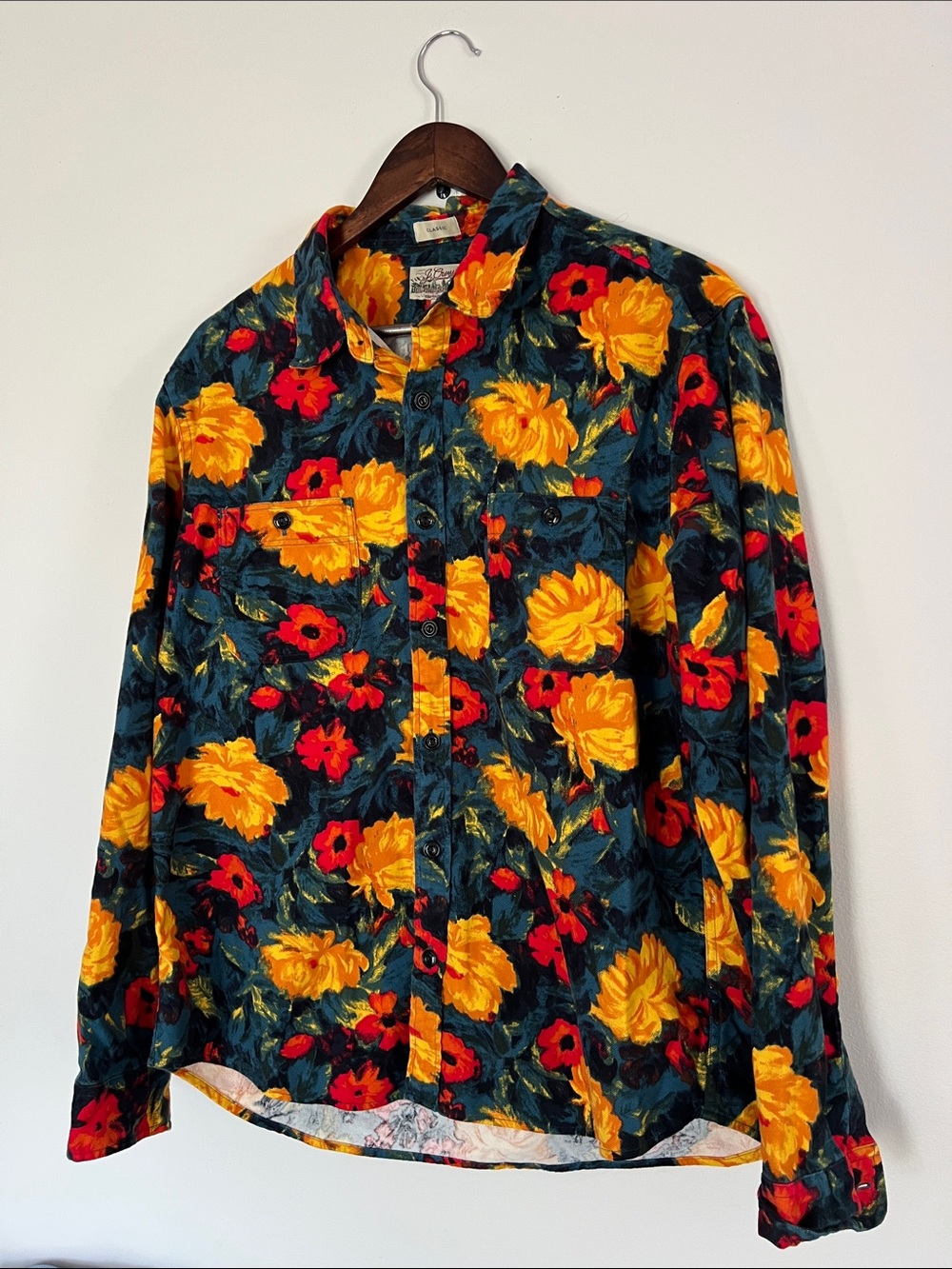 J Crew Mid Weight Flannel Floral Button-Up Shirt in Yellow & Red on Dark Green